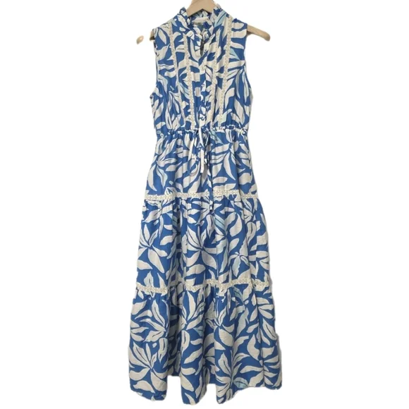 Womens Floral Print Maxi Dress Blue White Long Dress Size Small    Ruffled Beach - Picture 2 of 12